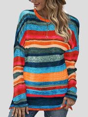 Women's T-Shirts Color Striped Round Neck Long Sleeve Split T-shirt