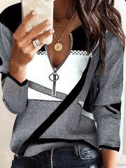 Women's T-Shirts Colorblock Printing V-Neck Zipper Long Sleeve T-Shirt