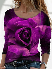 Women's T-Shirts Flower Print Round Neck Long Sleeve T-Shirt