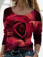 Women's T-Shirts Flower Print Round Neck Long Sleeve T-Shirt