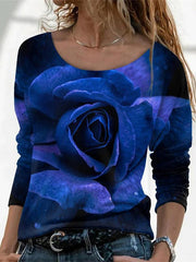 Women's T-Shirts Flower Print Round Neck Long Sleeve T-Shirt