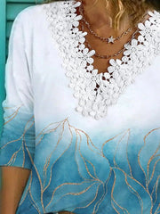 Women's T-Shirts Lace Panel V-Neck Long Sleeve T-Shirt