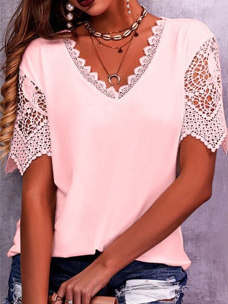 Women's T-Shirts Lace V-Neck Short Sleeve T-Shirt