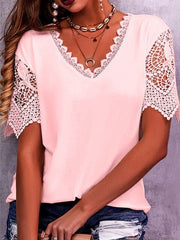 Women's T-Shirts Lace V-Neck Short Sleeve T-Shirt