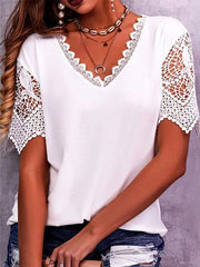 Women's T-Shirts Lace V-Neck Short Sleeve T-Shirt