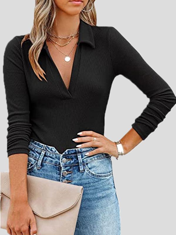 Women's T-Shirts Lapel Slim Long Sleeve Knit T-Shirt