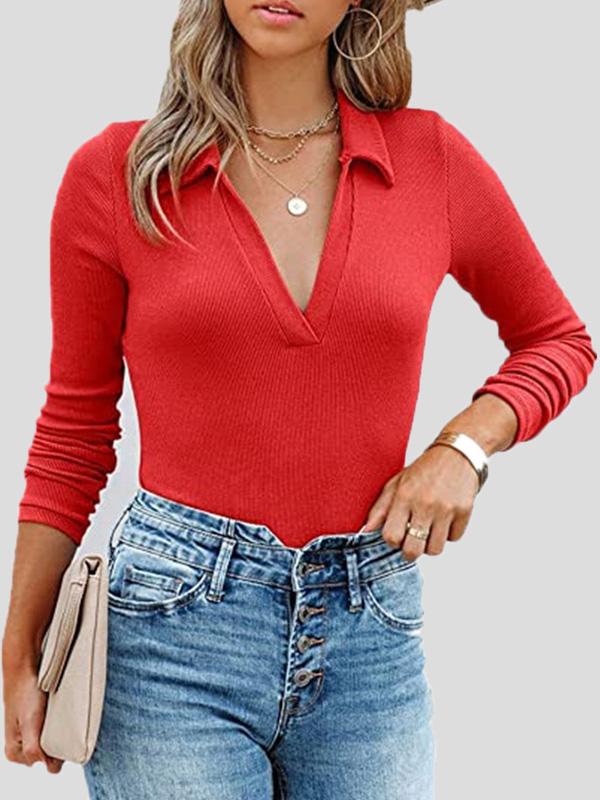 Women's T-Shirts Lapel Slim Long Sleeve Knit T-Shirt