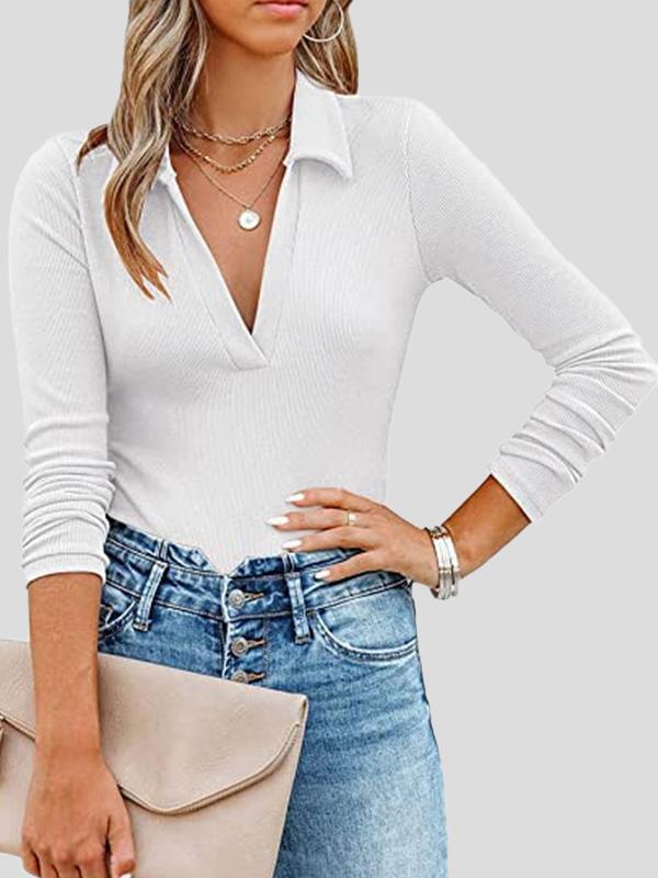 Women's T-Shirts Lapel Slim Long Sleeve Knit T-Shirt