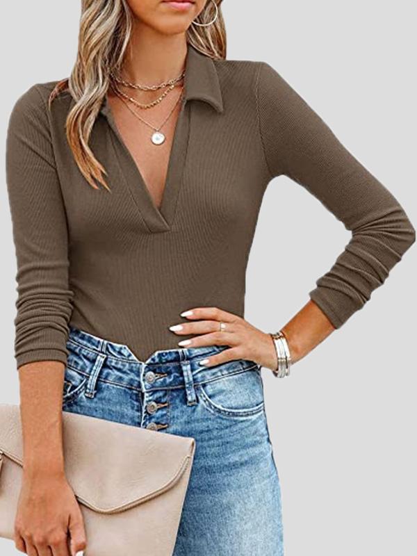 Women's T-Shirts Lapel Slim Long Sleeve Knit T-Shirt