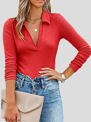 Women's T-Shirts Lapel Slim Long Sleeve Knit T-Shirt
