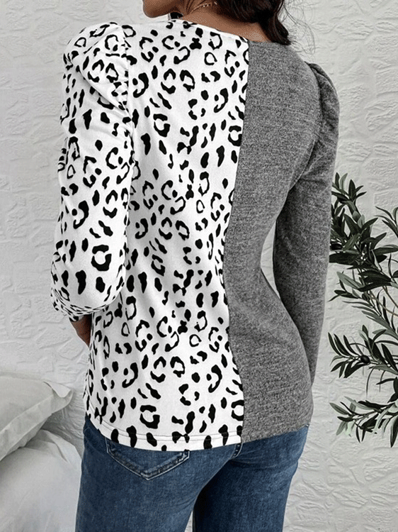 Women's T-Shirts Leopard Stitching V-Neck Bubble Long Sleeves T-Shirt