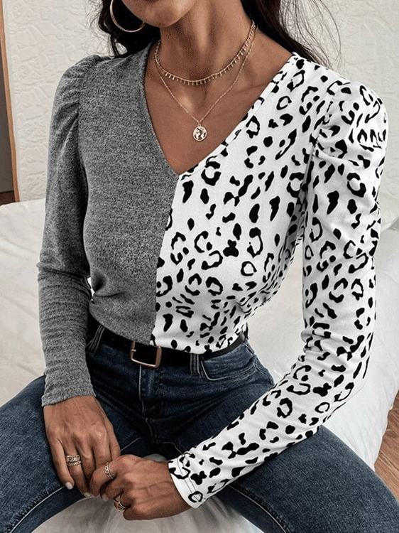 Women's T-Shirts Leopard Stitching V-Neck Bubble Long Sleeves T-Shirt