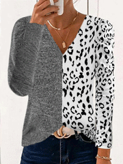 Women's T-Shirts Leopard Stitching V-Neck Bubble Long Sleeves T-Shirt