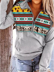 Women's T-Shirts Leopard Stripe Stand Collar Zip Long Sleeve T-Shirt