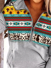 Women's T-Shirts Leopard Stripe Stand Collar Zip Long Sleeve T-Shirt