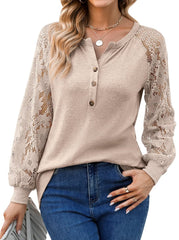 Women¡¯s T-Shirts Long Sleeve Lace V Neck Button Loose T-Shirt