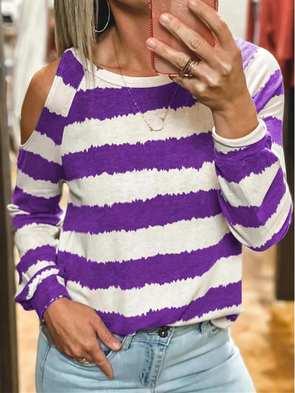 Women's T-Shirts Loose Round Neck Striped Long Sleeve T-Shirt