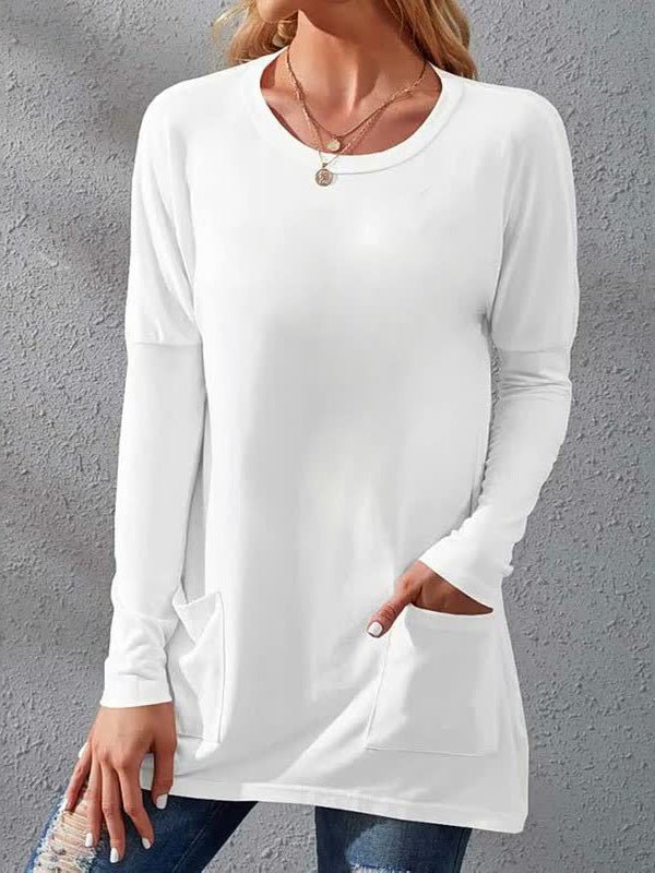 Women's T-Shirts Loose Solid Round Neck Pocket Long Sleeve T-Shirt