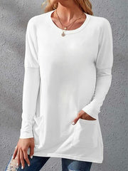 Women's T-Shirts Loose Solid Round Neck Pocket Long Sleeve T-Shirt