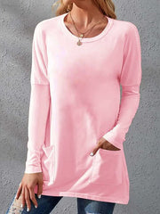 Women's T-Shirts Loose Solid Round Neck Pocket Long Sleeve T-Shirt
