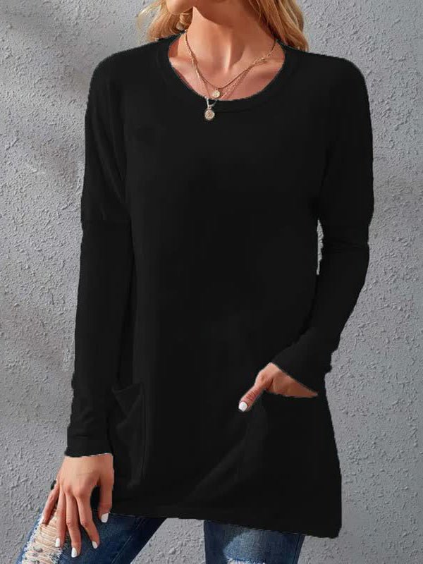 Women's T-Shirts Loose Solid Round Neck Pocket Long Sleeve T-Shirt