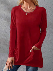 Women's T-Shirts Loose Solid Round Neck Pocket Long Sleeve T-Shirt