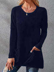 Women's T-Shirts Loose Solid Round Neck Pocket Long Sleeve T-Shirt