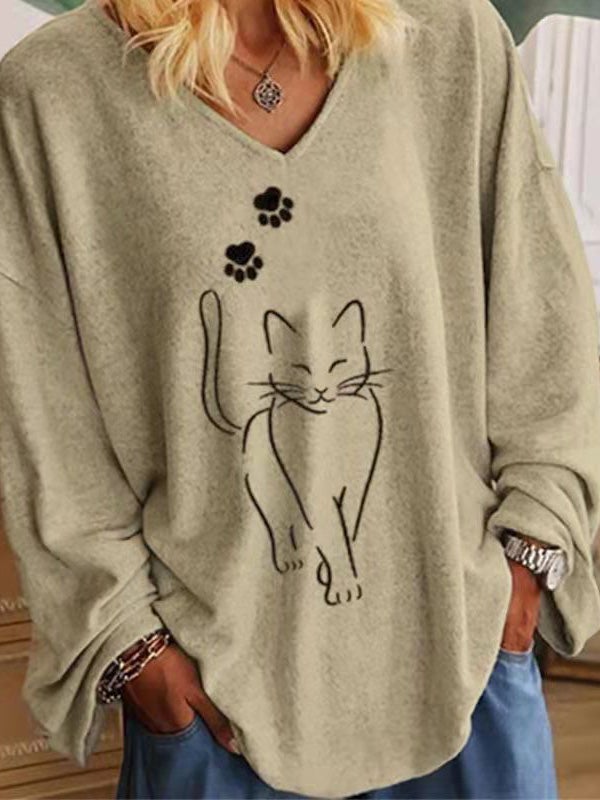 Women's T-Shirts Loose V-Neck Cat Print Long Sleeve T-Shirt
