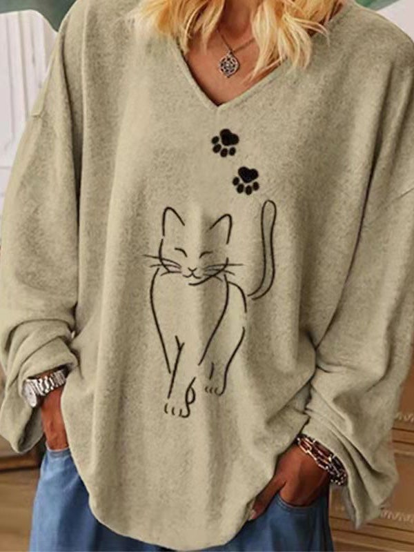 Women's T-Shirts Loose V-Neck Cat Print Long Sleeve T-Shirt