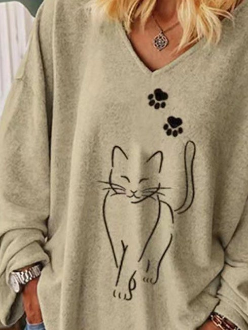 Women's T-Shirts Loose V-Neck Cat Print Long Sleeve T-Shirt