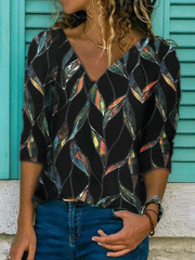 Women's T-Shirts Loose V-Neck Leaf Print Long Sleeve T-Shirt