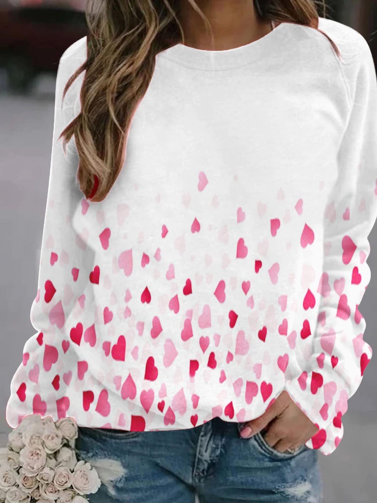 Women's T-Shirts Love Print Round Neck Long Sleeve T-Shirt