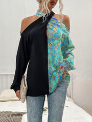 Women's T-Shirts Printed Color Matching Off Shoulder Long Sleeve T-Shirt