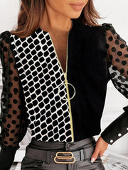 Women's T-Shirts Printed Stitching V-Neck Zipper Long Sleeve T-Shirt