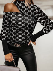 Women's T-Shirts Printed Turtleneck Hollow Long Sleeve T-Shirt