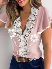 Women's T-Shirts Printed V-Neck Lace Ruffle T-Shirt