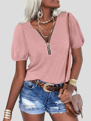Women's T-Shirts Pure Zipper V-Neck Short Sleeve T-Shirt