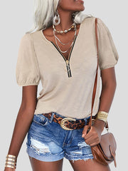 Women's T-Shirts Pure Zipper V-Neck Short Sleeve T-Shirt