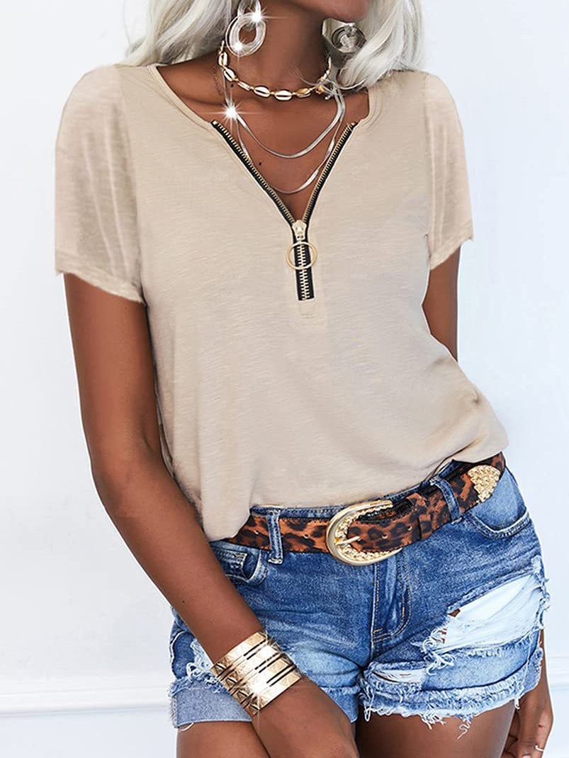 Women's T-Shirts Pure Zipper V-Neck Short Sleeve T-Shirt