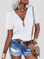 Women's T-Shirts Pure Zipper V-Neck Short Sleeve T-Shirt