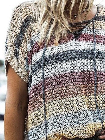 Women's T-Shirts Rainbow Short Sleeve Knitted T-Shirt