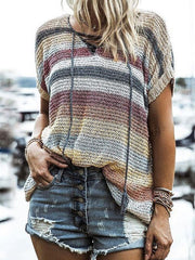 Women's T-Shirts Rainbow Short Sleeve Knitted T-Shirt