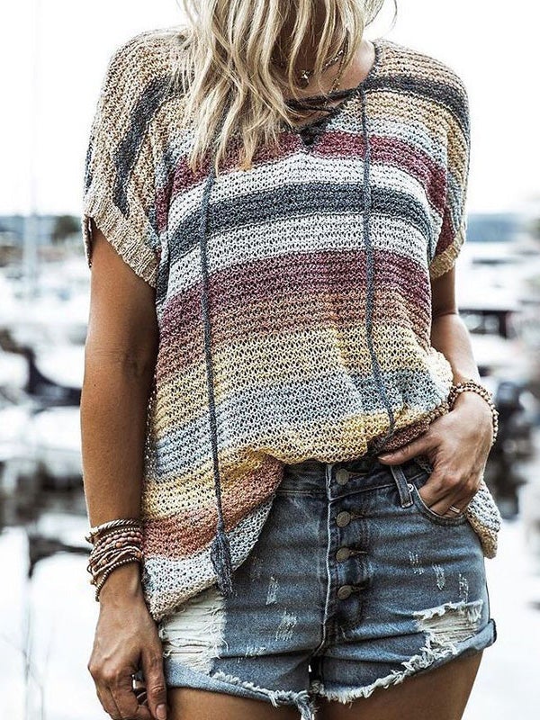 Women's T-Shirts Rainbow Short Sleeve Knitted T-Shirt