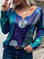 Women's T-Shirts Retro Print Zipper Long Sleeve T-Shirt