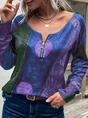 Women's T-Shirts Retro Print Zipper Long Sleeve T-Shirt