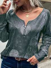 Women's T-Shirts Retro Print Zipper Long Sleeve T-Shirt