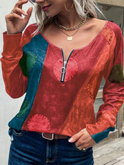 Women's T-Shirts Retro Print Zipper Long Sleeve T-Shirt