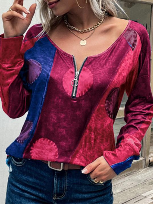 Women's T-Shirts Retro Print Zipper Long Sleeve T-Shirt