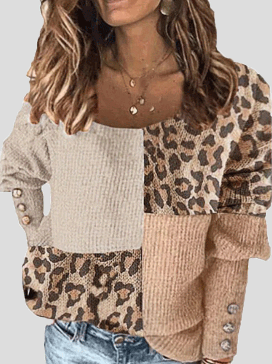 Women's T-Shirts Round Neck Button Leopard Print Long Sleeve T-Shirt