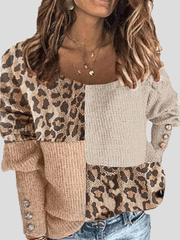 Women's T-Shirts Round Neck Button Leopard Print Long Sleeve T-Shirt